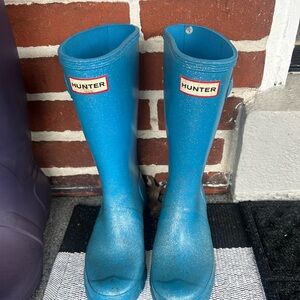 Hunter Teal Blue Glitter Tall Rain Boots